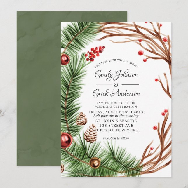 Green Red Pine Branch Wreath Christmas Wedding Invitation (Front/Back)