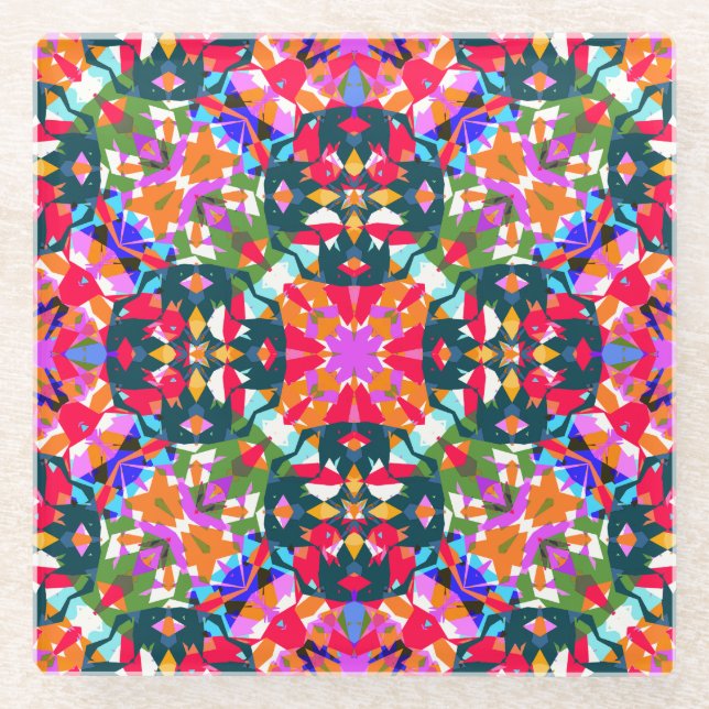 Green Red Pink Christmas Jolly Colourful Pattern Glass Coaster (Front)