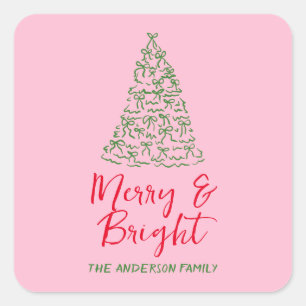 Green Red Pink Hand Drawn Ribbons Tree Christmas Square Sticker