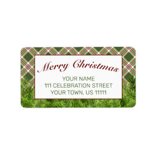 Green Red Plaid and Pine Merry Christmas Address Label