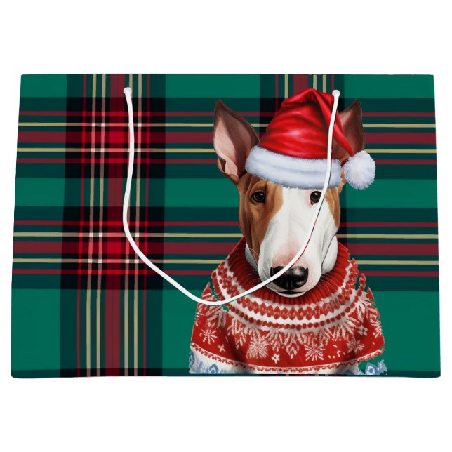 Green Red Plaid Bull Terrier Dog Lover Holiday Large Gift Bag (Front)