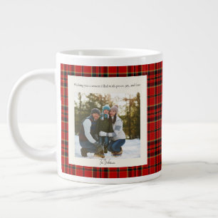 Green Red Plaid Monogram 2 Photo Rustic Christmas Large Coffee Mug
