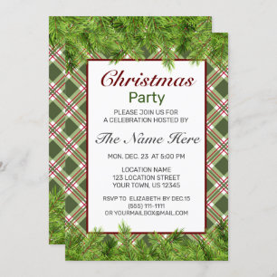 Green Red Plaid & Pine Branch Christmas Party Invitation