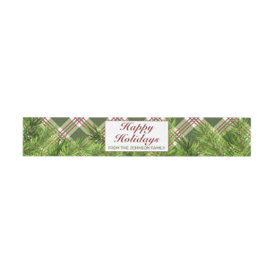 Green Red Plaid & Pine Branch Happy Holidays Party Invitation Belly Band