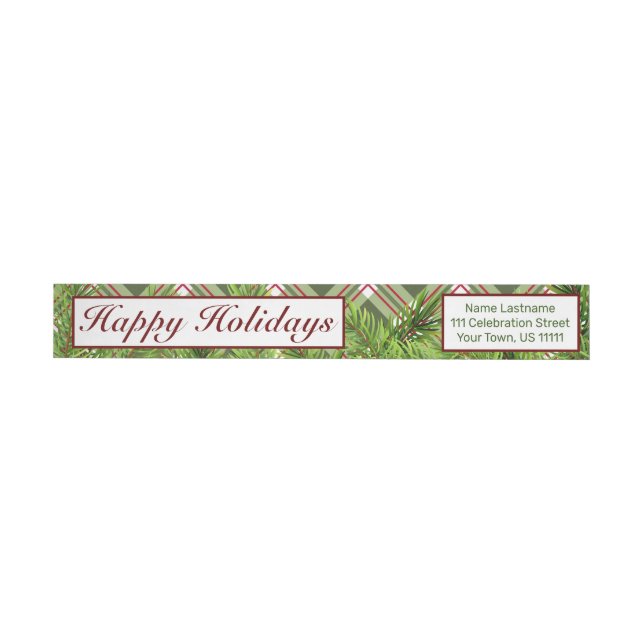 Green Red Plaid & Pine Branch Happy Holidays Wrap Around Label (Individual)