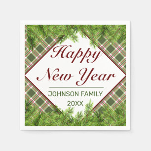 Green Red Plaid & Pine Branch Happy New Year Napkin