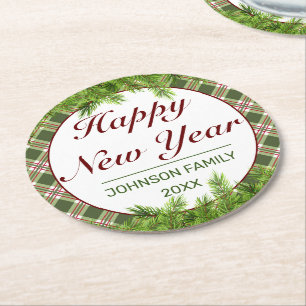 Green Red Plaid & Pine Branch Happy New Year Round Paper Coaster