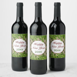 Green Red Plaid & Pine Branch Happy New Year Wine Label