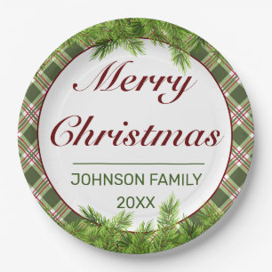Green Red Plaid & Pine Branch Merry Christmas Paper Plate