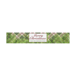 Green Red Plaid Pine Branch Merry Christmas Party Invitation Belly Band