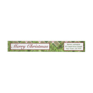 Green Red Plaid & Pine Branch Merry Christmas Wrap Around Label