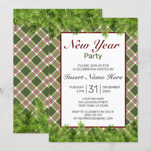 Green Red Plaid & Pine Branch New Year Party Invitation