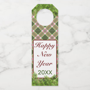 Green Red Plaid & Pine Branch Snowflake New Year Bottle Tag