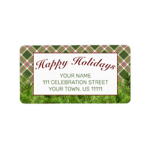 Green Red Plaid & Pine Happy Holidays Address Label