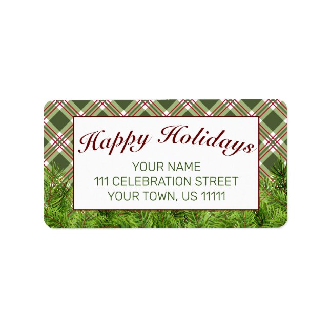 Green Red Plaid & Pine Happy Holidays Address Label (Front)