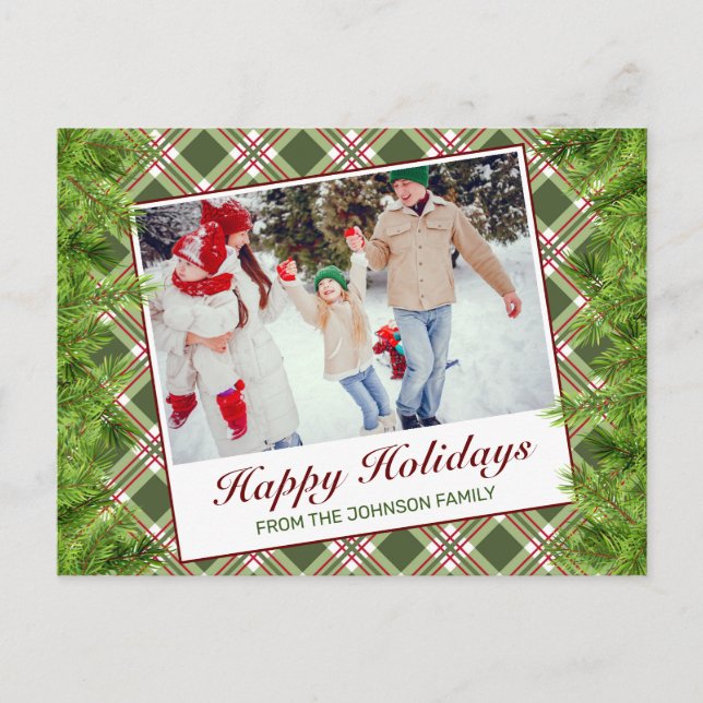 Green Red Plaid Pine Happy Holidays Greeting Photo Announcement Postcard (Front)