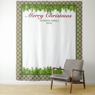 Green Red Plaid & Pine Merry Christmas Background Tapestry
