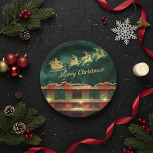 Green Red Plaid Santa Sleigh Merry Christmas Paper Plate