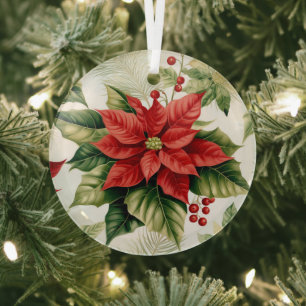 Green Red Poinsettia Flower Christmas Holiday Glass Tree Decoration