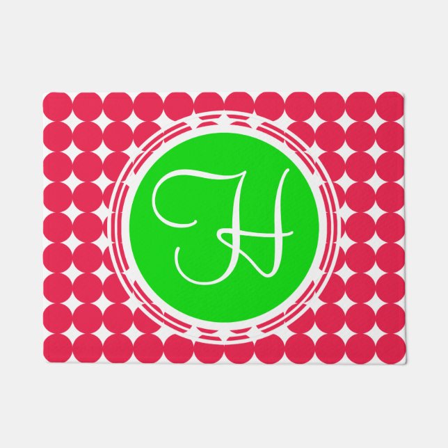 Green & Red Polka Dot Monogram Doormat (Front)
