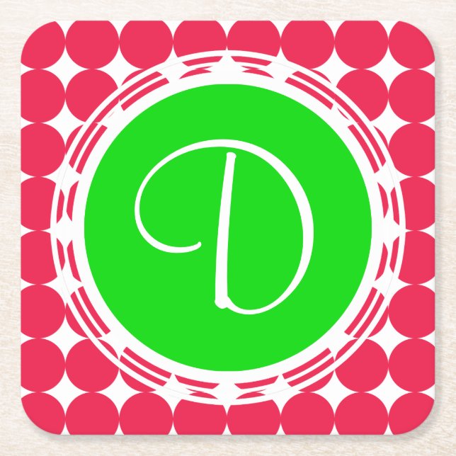 Green & Red Polka Dot Monogram Square Paper Coaster (Front)