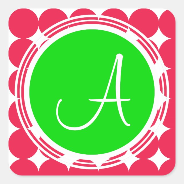 Green & Red Polka Dot Monogram Square Sticker (Front)