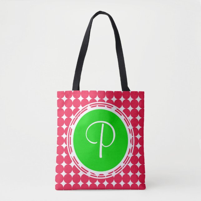 Green & Red Polka Dot Monogram Tote Bag (Front)