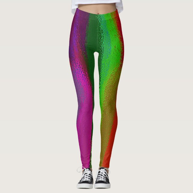 Green Red Purple Abstract Painting Leggings (Front)
