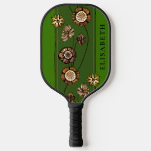 Green Red Retro Flower Cool Vintage Floral Drawing Pickleball Paddle