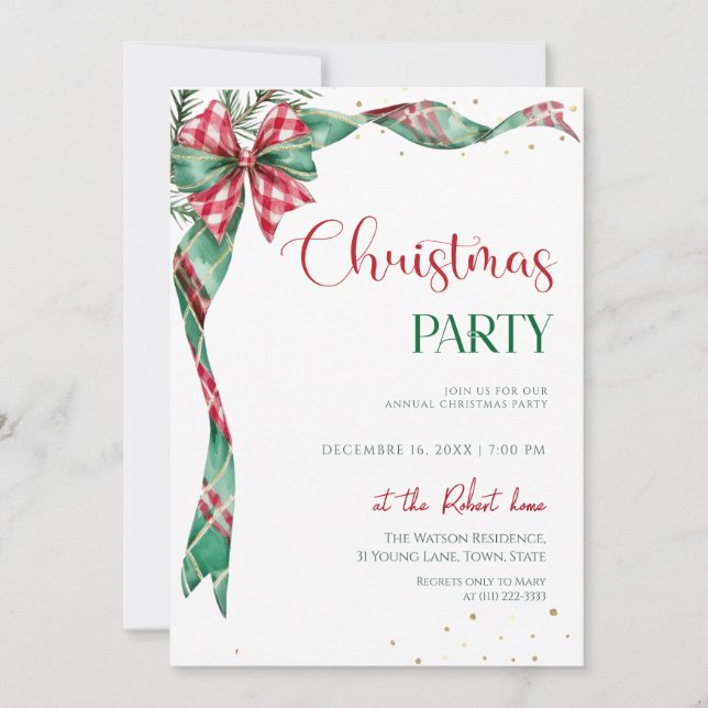  Green Red Ribbon Bow Christmas Party  Invitation (Front)
