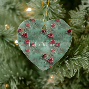 Green Red Roses  Ceramic Tree Decoration