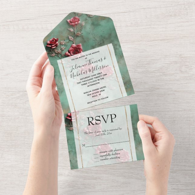 Green Red Roses Floral All In One Invitation (Tearaway)