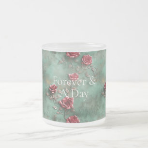 Green Red Roses Floral Frosted Glass Coffee Mug