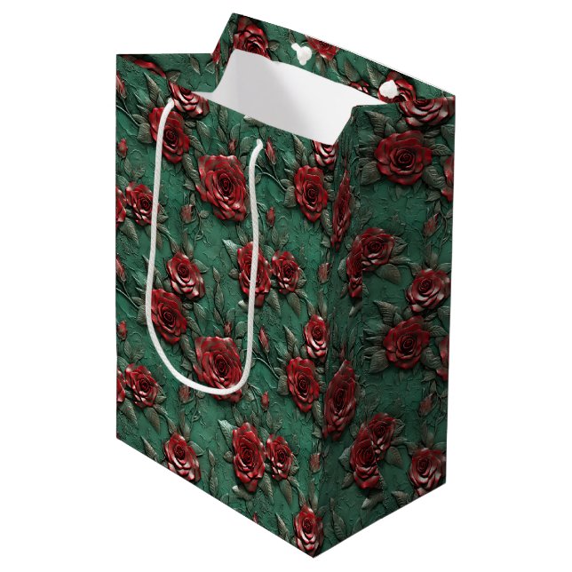Green Red Roses Floral Medium Gift Bag (Front Angled)