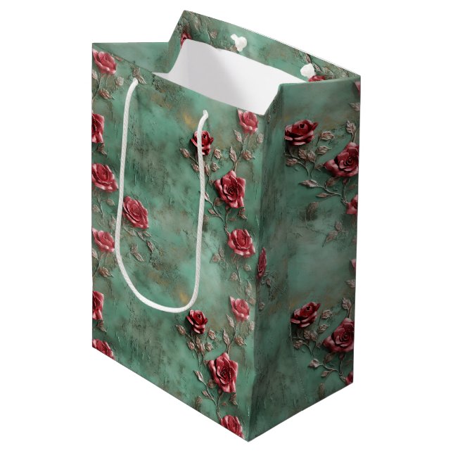 Green Red Roses Floral Medium Gift Bag (Front Angled)