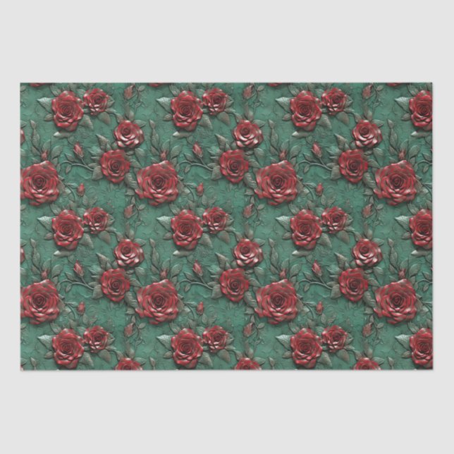 Green Red Roses Floral Tissue Paper (Front)