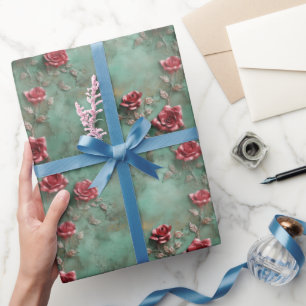 Green Red Roses Floral Wrapping Paper