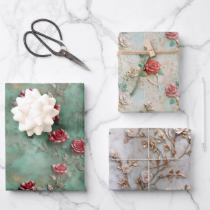 Green Red Roses Floral Wrapping Paper Sheet