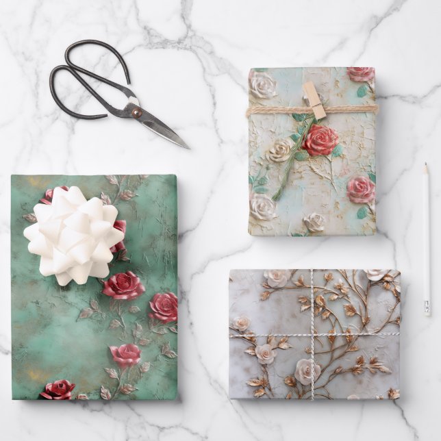 Green Red Roses Floral Wrapping Paper Sheet (Front)