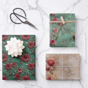 Green Red Roses Floral Wrapping Paper Sheet