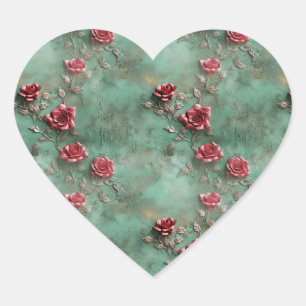 Green Red Roses  Heart Sticker