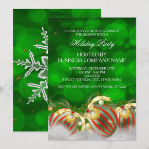 Green Red Silver Gold Holly Baubles Holiday Party Invitation