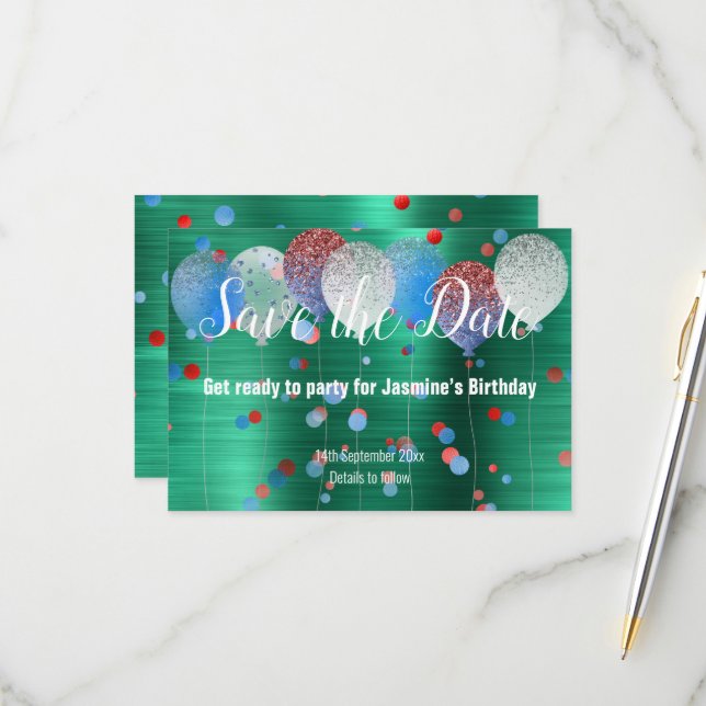 GREEN RED SPOT BALLOON RED SAVE THE DATE RSVP CARD (Front/Back In Situ)