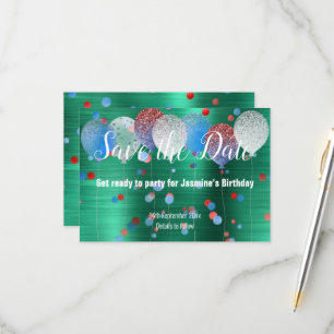 GREEN RED SPOT BALLOON RED SAVE THE DATE RSVP CARD
