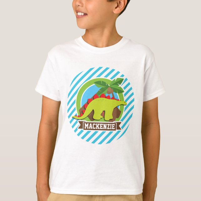 Green & Red Stegosaurus Dinosaur; Blue & White T-Shirt (Front)