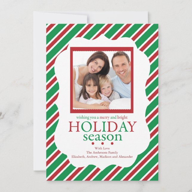 Green & Red Stripe Festive Holiday Photo Card (Front)