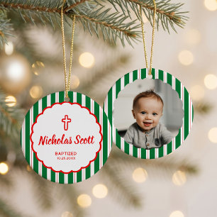 Green & Red Striped Baptism Photo Ornament