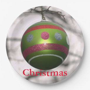 Green Red Striped Ornament Ball Paper Plate