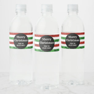 Green Red Stripes Custom Merry Christmas Water Bottle Label