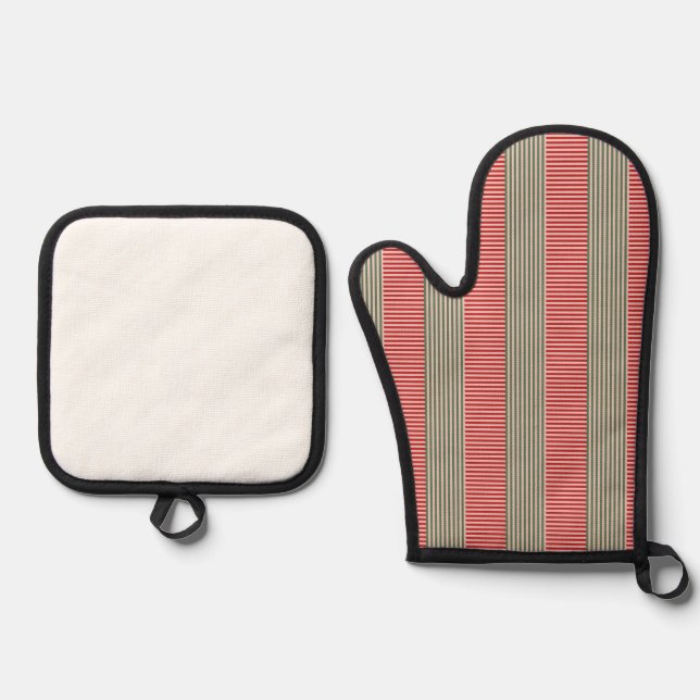  green red strips  oven mitt & pot holder set (Front)